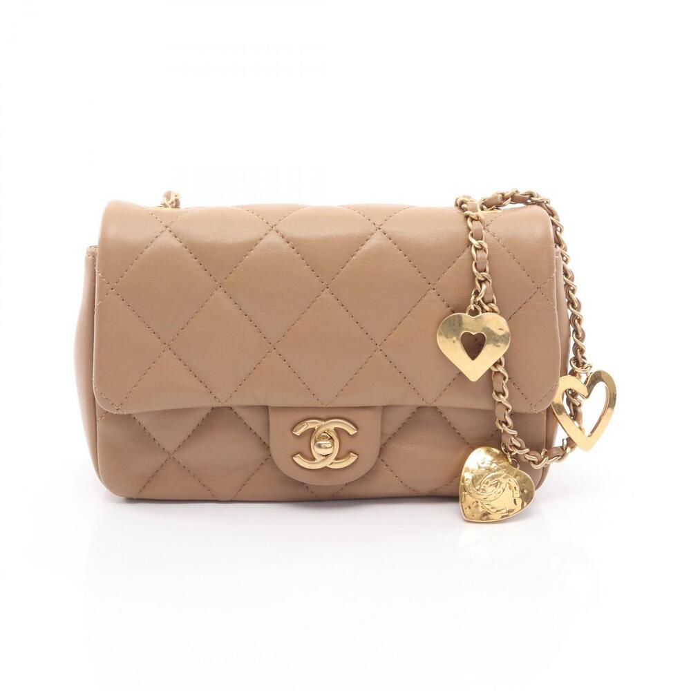 Chanel Matelasse Shoulder Bag Lambskin Sheepskin Leather Beige